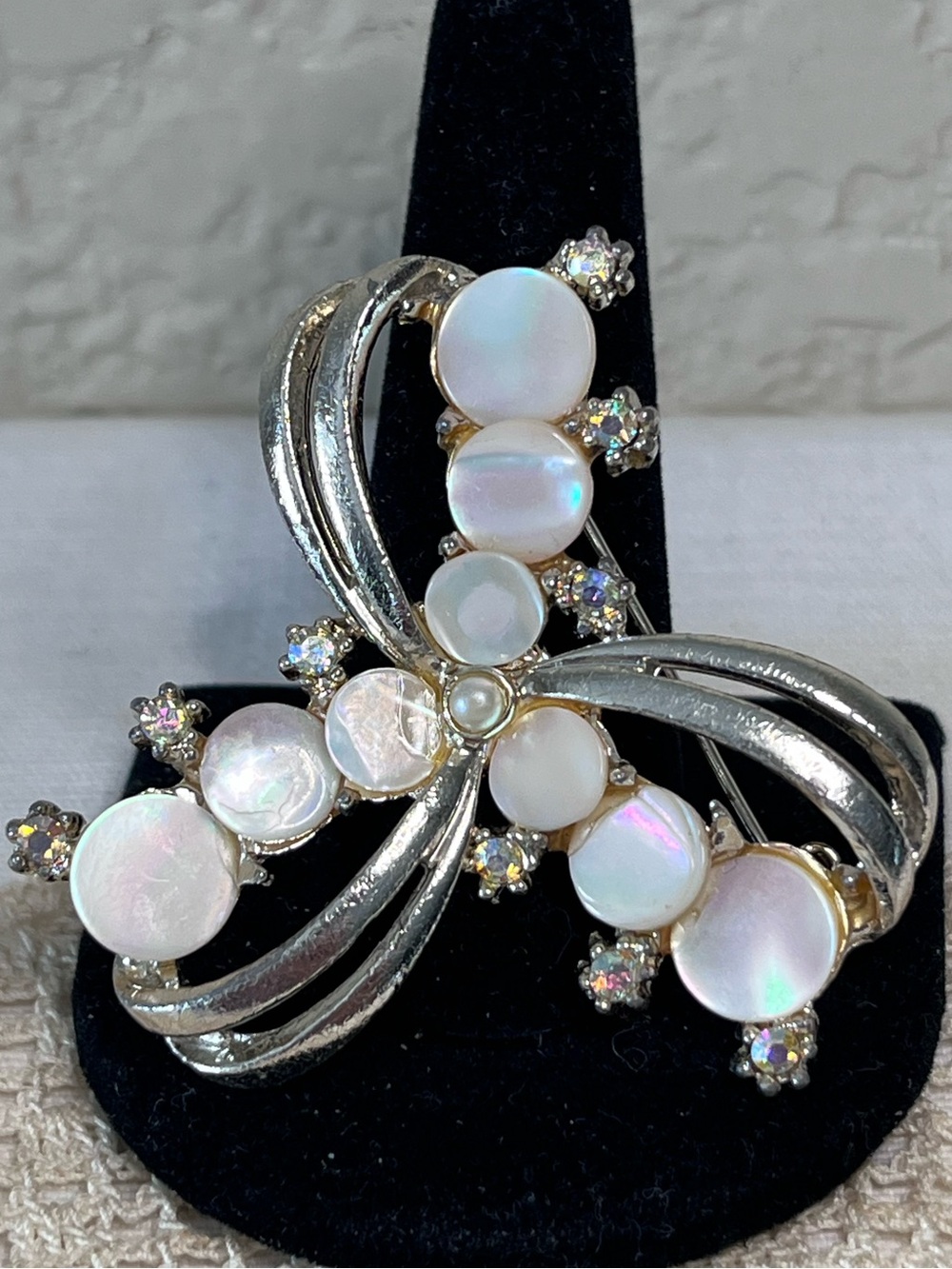 Vintage Mother of Pearl AB Rhinestone Swirl Brooch Silver Tone MCM